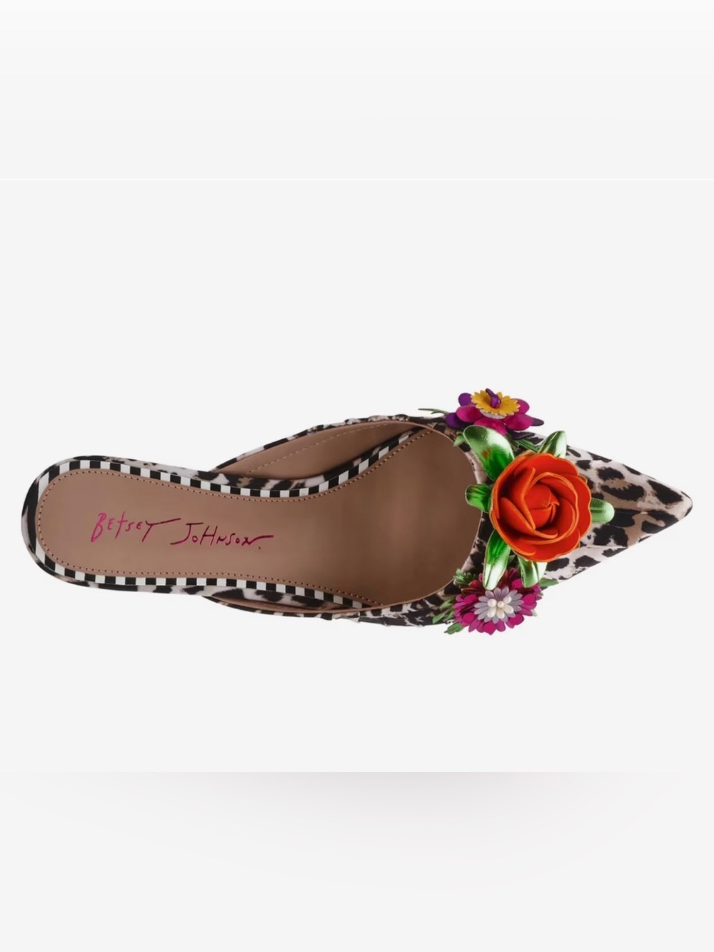 Betsey Johnson Black & White Animal Print Pointed Toe Floral Mules tag on shoe - Picture 8 of 12
